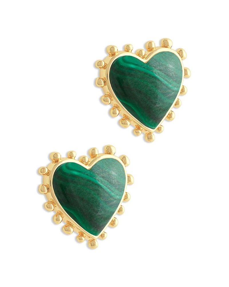 Heart Malachite & 18K Yellow Gold Plated Stud Earrings, 0.5"L
