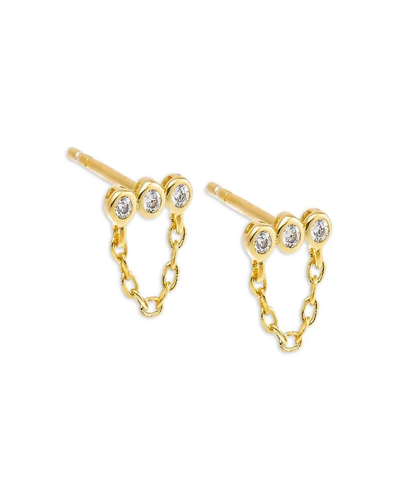 Mini Triple Cubic Zirconia Bezel Bar Drop Chain Stud Earrings