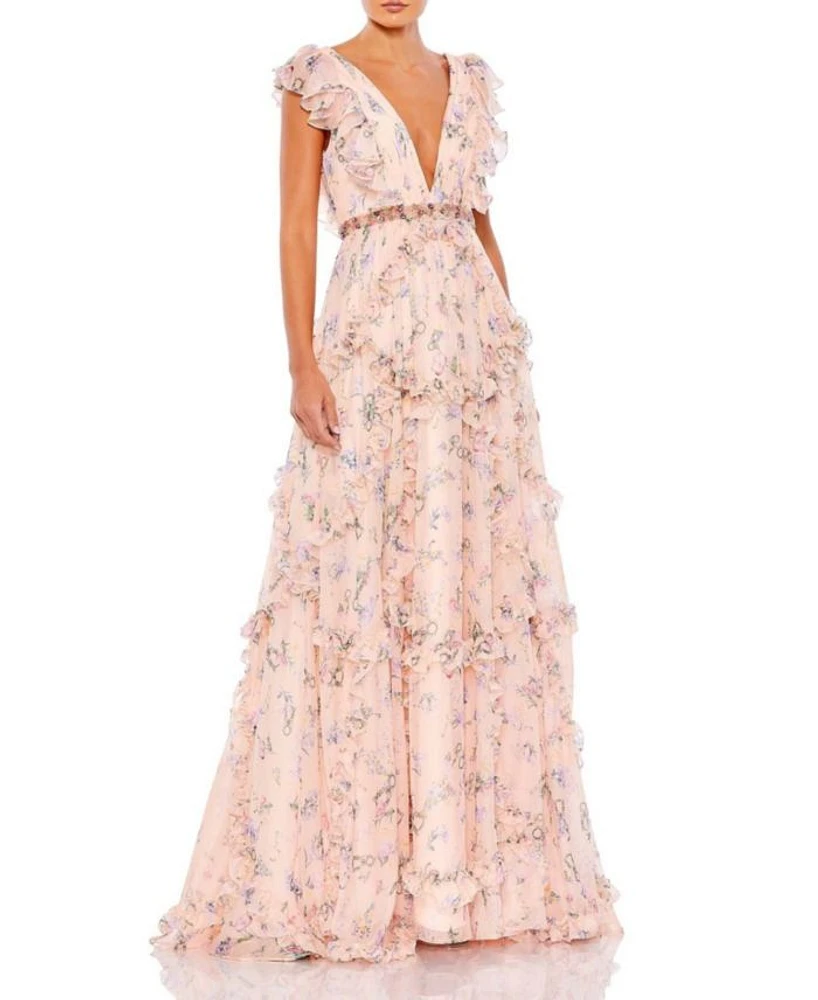 Ruffled Floral Print Cap Sleeve Gown