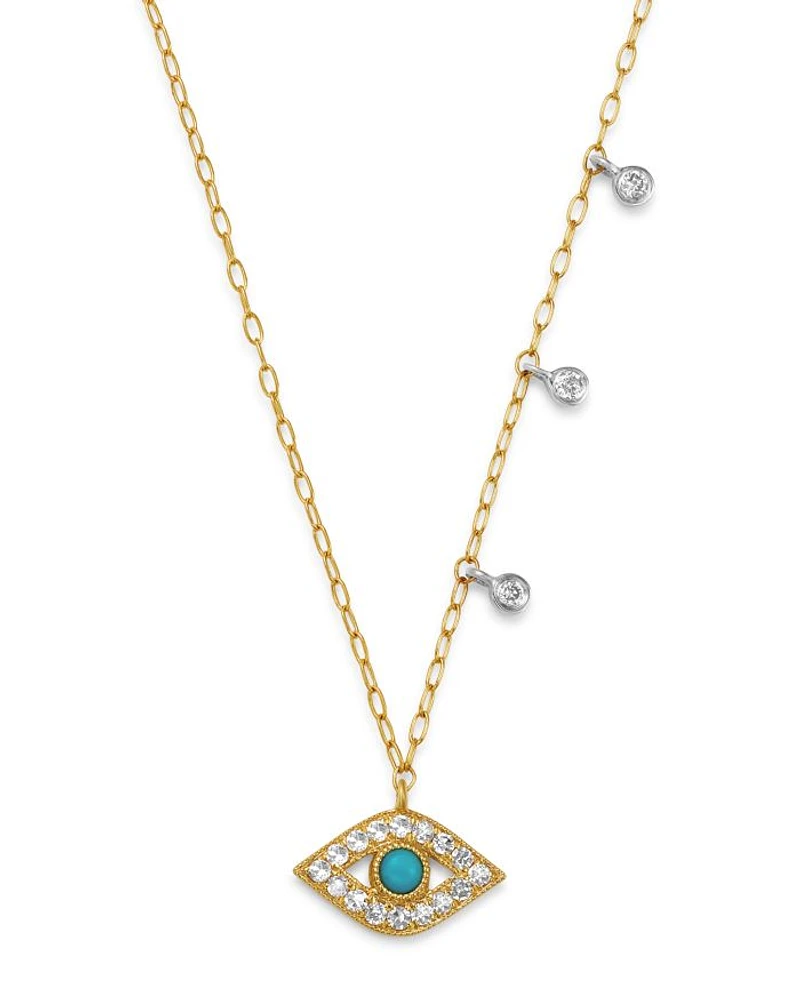 14K Yellow Gold & 14K White Gold Diamond & Turquoise Evil Eye Adjustable Pendant Necklace, 18"