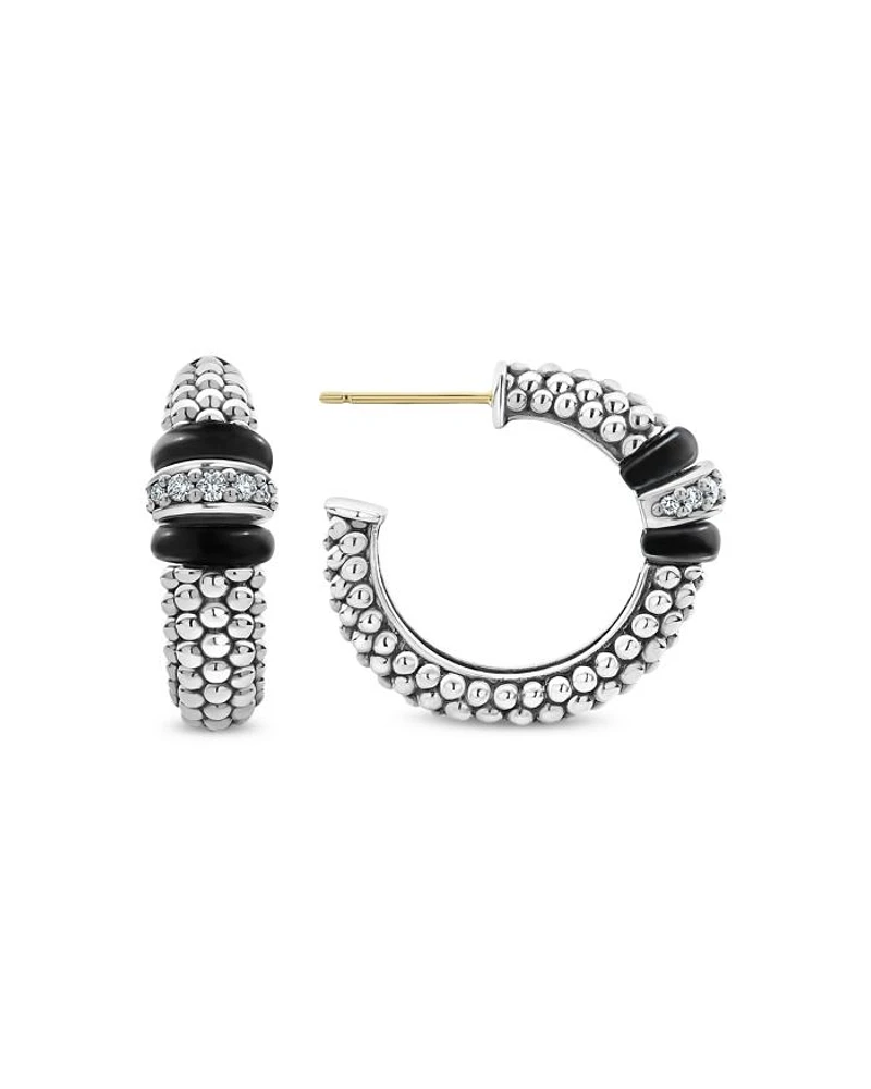 Sterling Silver Black Caviar Diamond & Black Ceramic Hoop Earrings