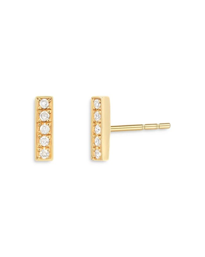 14K Yellow Gold Diamond Bar Stud Earrings