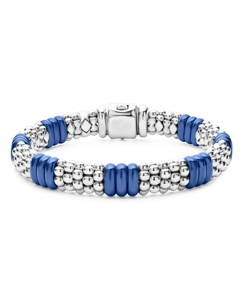 18K Yellow Gold & Sterling Silver Blue Ceramic Rondelle Caviar Bead Statement Bracelets