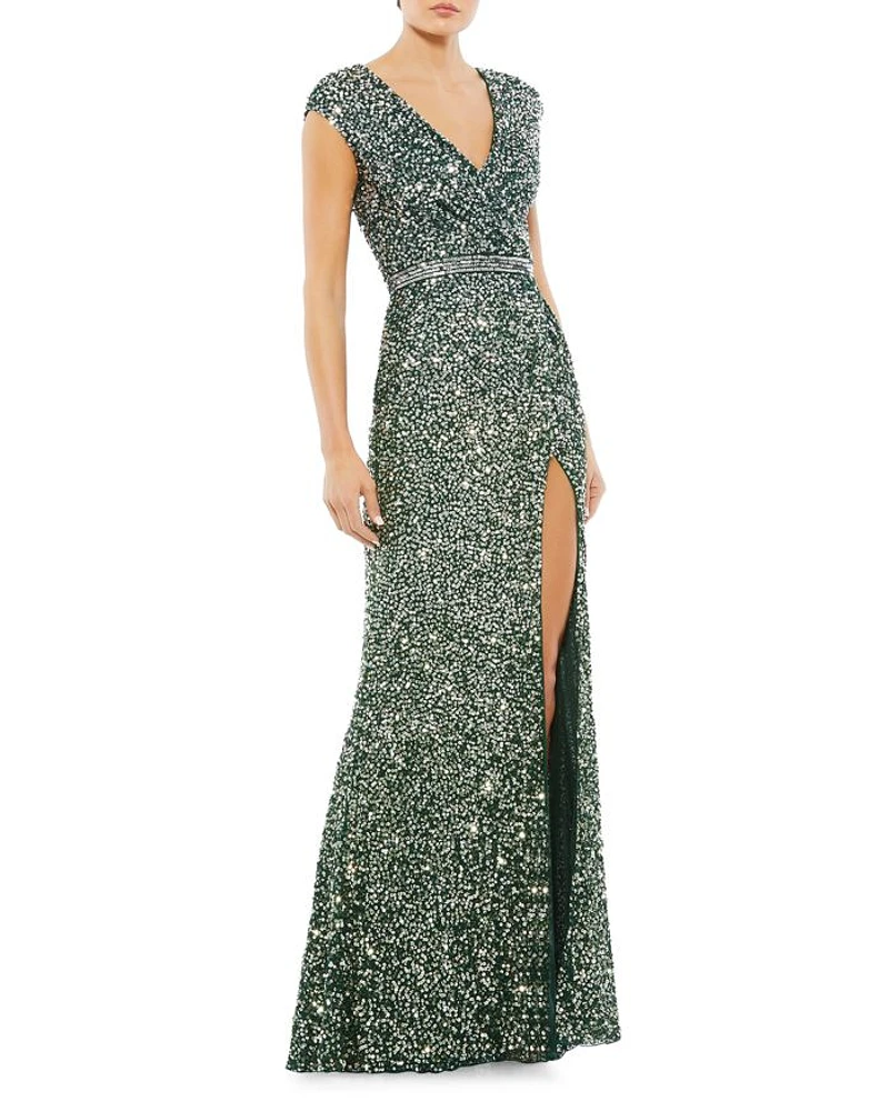 Cap Sleeve Sequin Gown