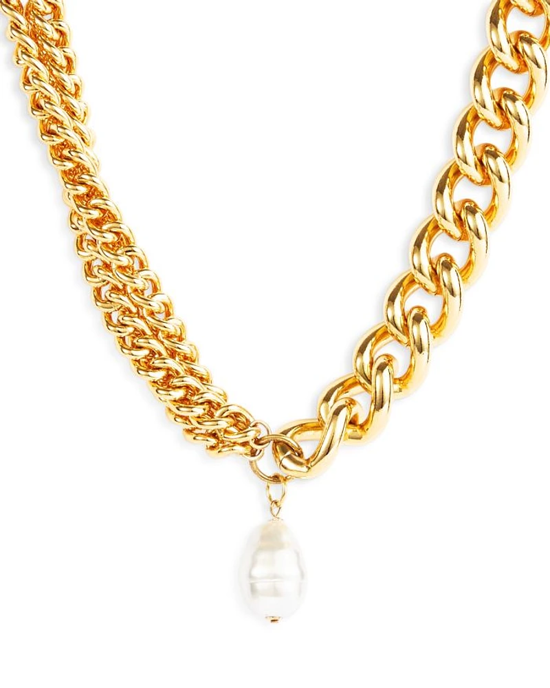 Imitation Pearl Chain Link Pendant Necklace in Gold Tone, 18"