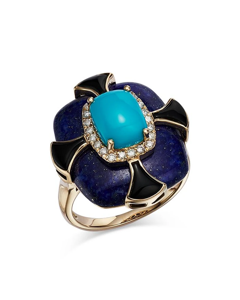 Turquoise, Onyx, Lapis Lazuli & Diamond Statement Ring in 14K Yellow Gold