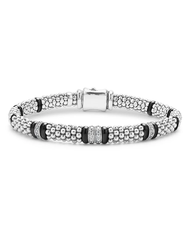 Four Station Diamond Caviar Bracelet Sterling Silver