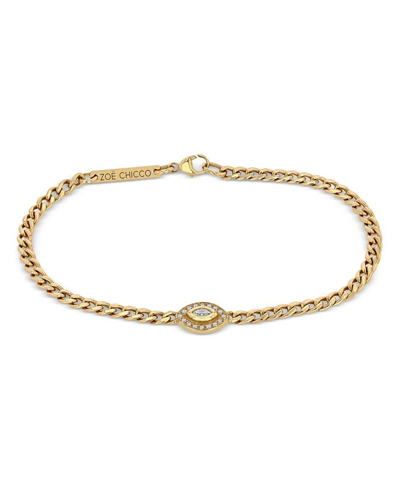 14k Yellow Gold Small Curb Chain Marquise Diamond Halo Bracelet