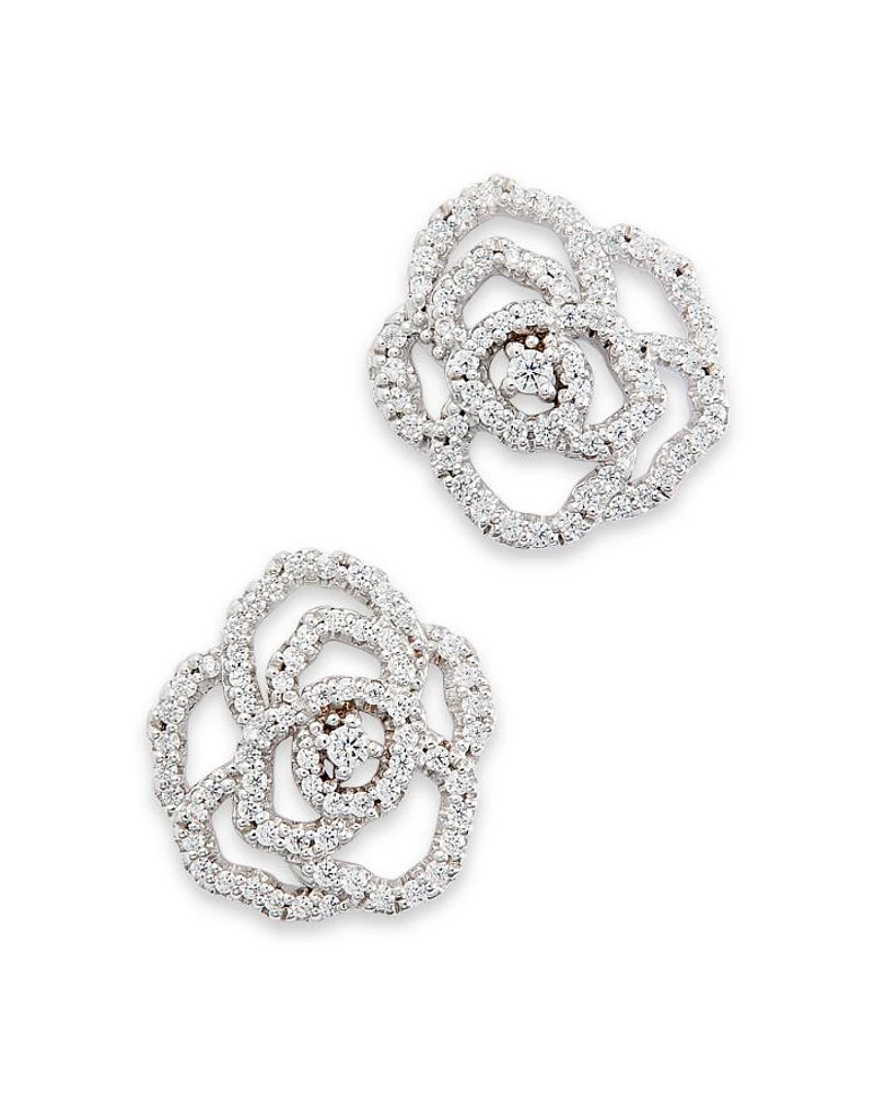 Diamond Rose Flower Openwork Stud Earrings in 14K White Gold, 0.30 tcw