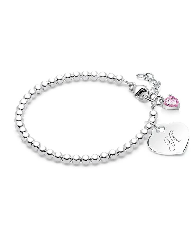 Girls' Sterling Silver 3mm Beads & Engraved Initial 5.25" Bracelet - Children