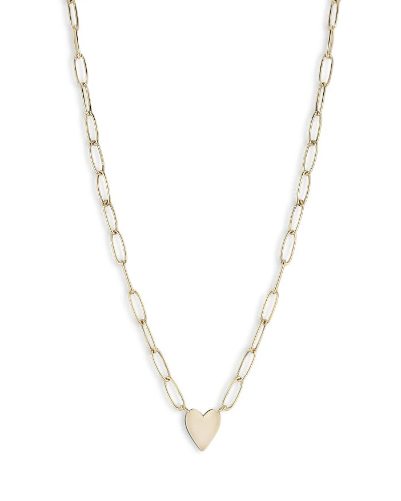 14K Yellow Gold Paperclip Chain Heart Pendant Necklace, 18"