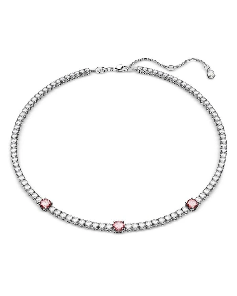 Matrix Clear & Pink Crystal Tennis Necklace in Rhodium Plated, 14.96"-17.72"