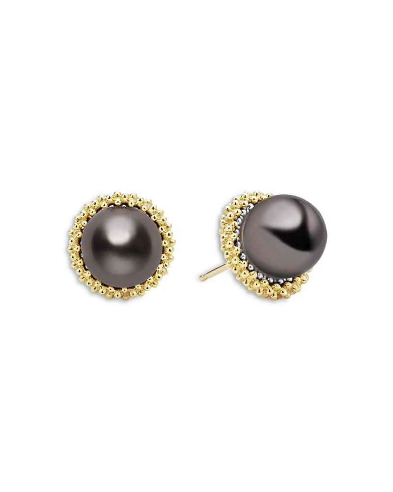 18K Yellow Gold & Sterling Silver Luna Tahitian Black Pearl Stud Earrings