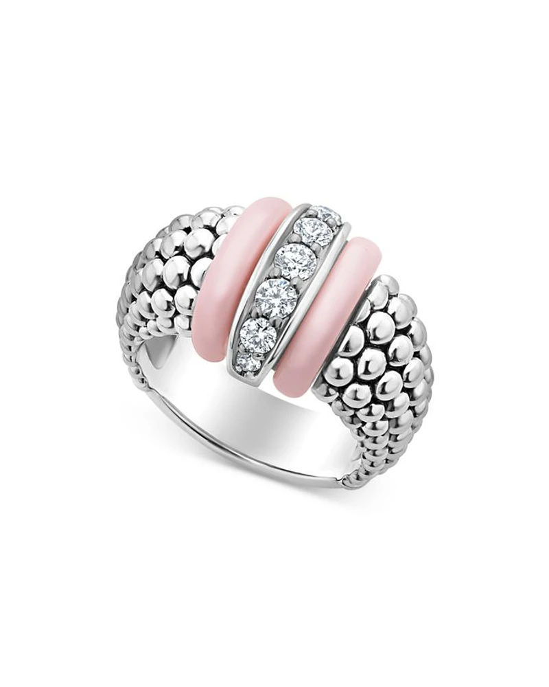 Sterling Silver Pink Caviar Diamond & Pink Ceramic Bead Statement Ring