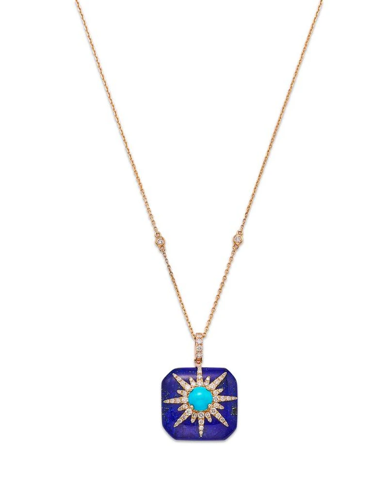 Lapis, Turquoise, & Diamond Starburst Pendant Necklace in 14K Yellow Gold, 18"
