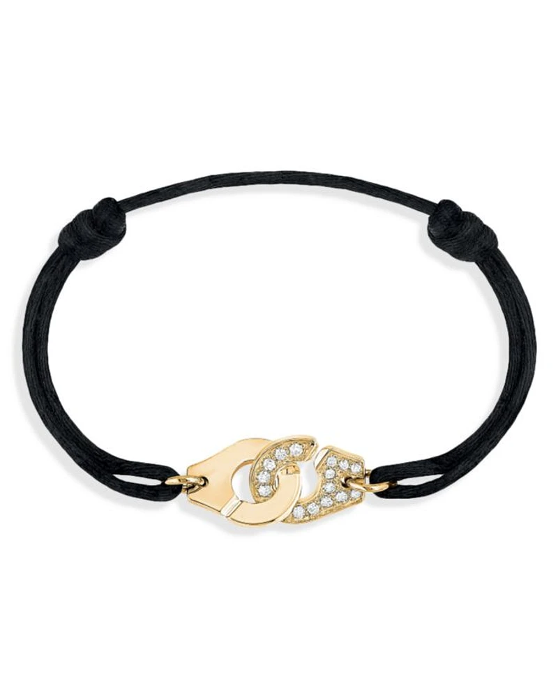 18K Yellow Gold Menottes R12 Diamond Intertwined Handcuff Charm Adjustable Cord Bracelet