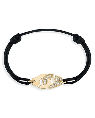 18K Yellow Gold Menottes R12 Diamond Intertwined Handcuff Charm Adjustable Cord Bracelet