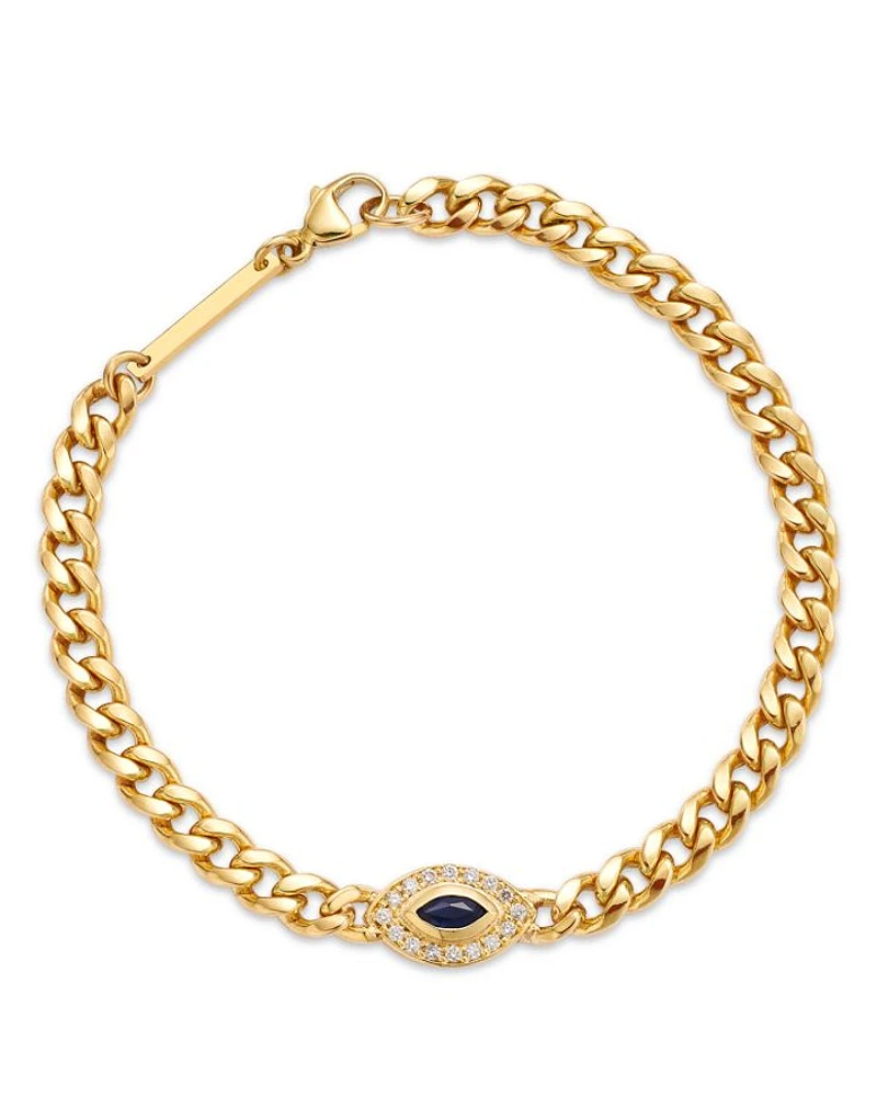 14K Yellow Gold Curb Chain Marquise Blue Sapphire Halo Bracelet