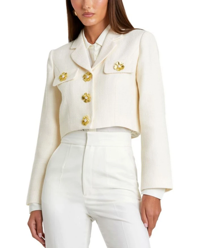 Cropped Tweed Floral Button Jacket
