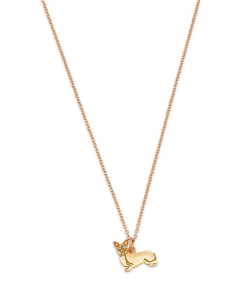 14K Yellow Gold White Sapphire Corgi Pendant Necklace, 16-18"
