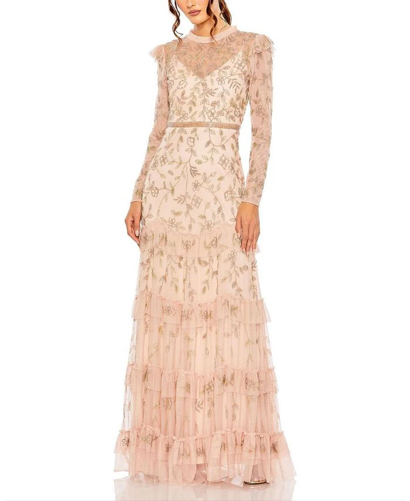 High Neck Flutter Cap Long Sleeve Tiered Embellished Gown