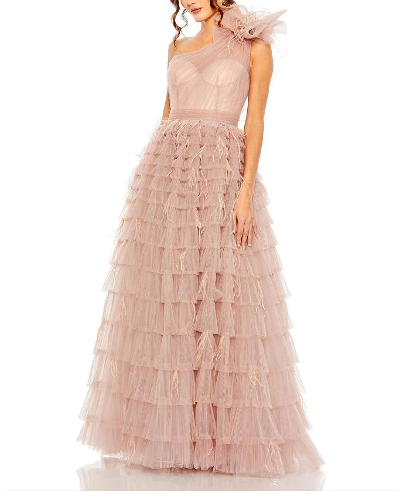 One Shoulder Faux Bow Feather Tiered A Line Gown