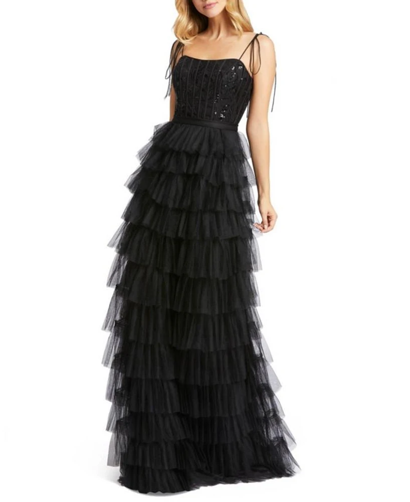 Sequined Bustier Detail Ruffle Tiered Gown