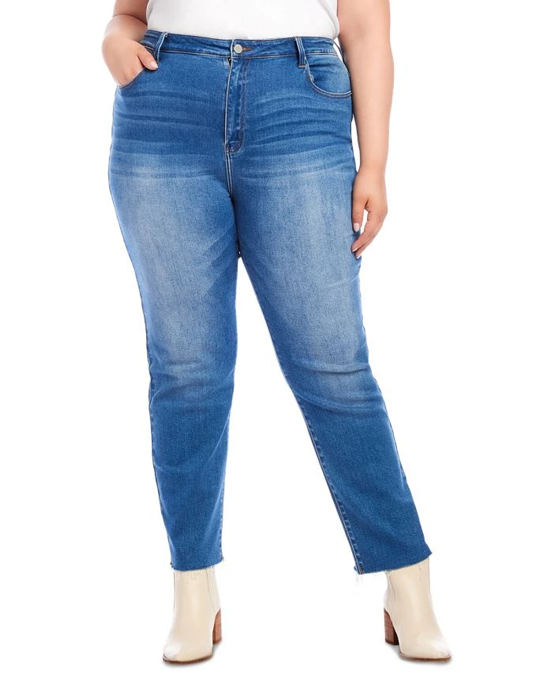Plus High Rise Raw Hem Straight Jeans Denim