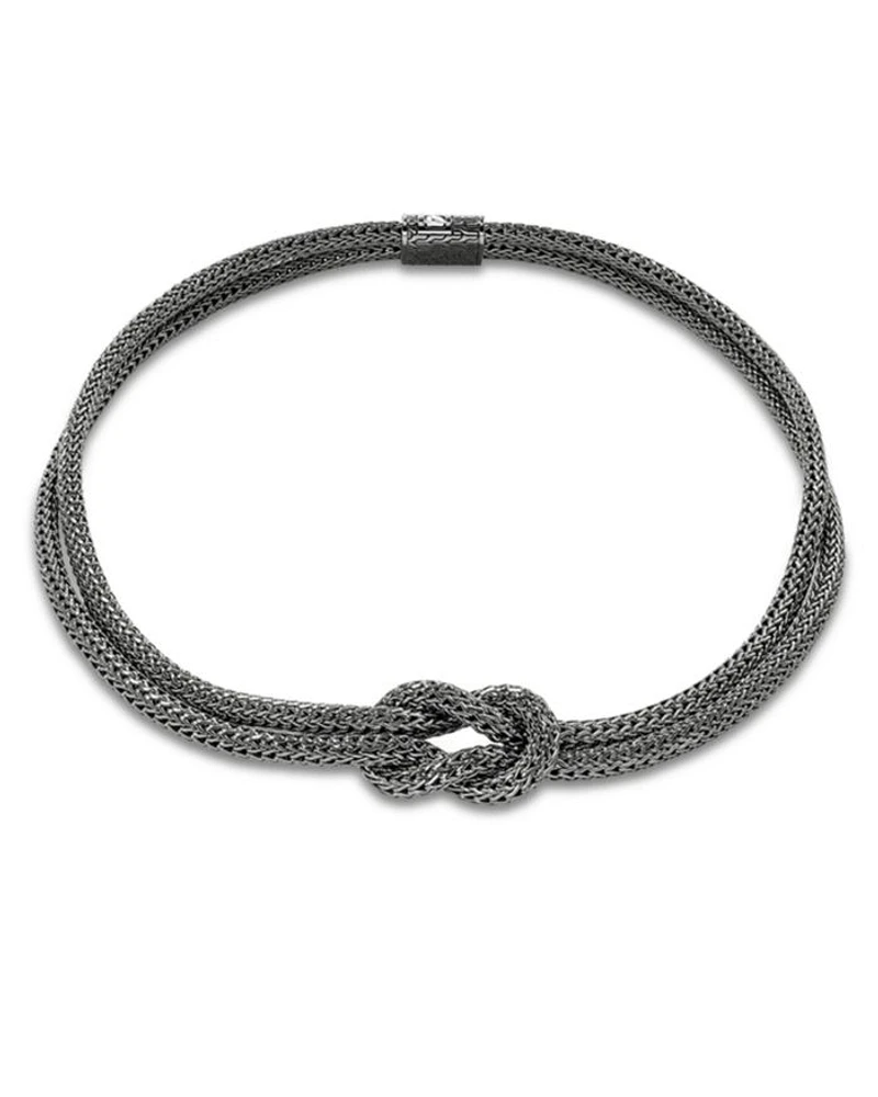 Black Rhodium-Plated Sterling Silver Love Knot Double Woven Chain Statement Necklace, 16"