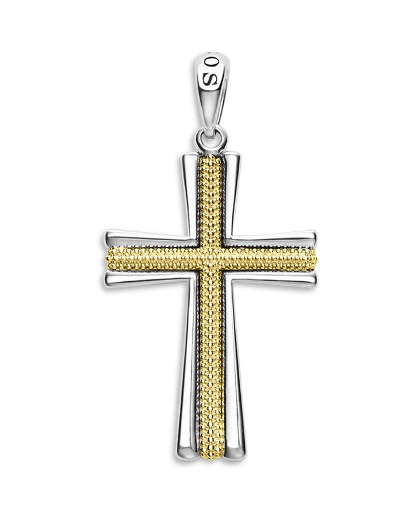 Men's 18K Yellow Gold & Sterling Silver Anthem Caviar Beaded Cross Amulet Pendant