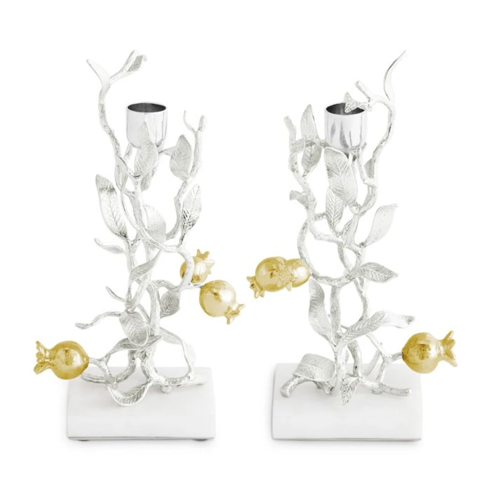 Pomegranate Silver and Gold Tone Candleholders, Set of 2