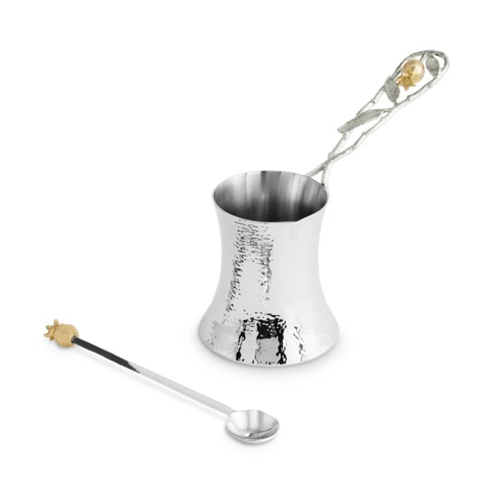 Pomegranate Silver and Gold Tone Coffee Pot with Spoon