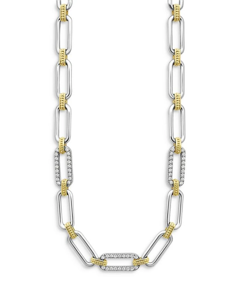 18K Yellow Gold & Sterling Silver Signature Caviar Diamond Trio Station Link Collar Necklace, 18"