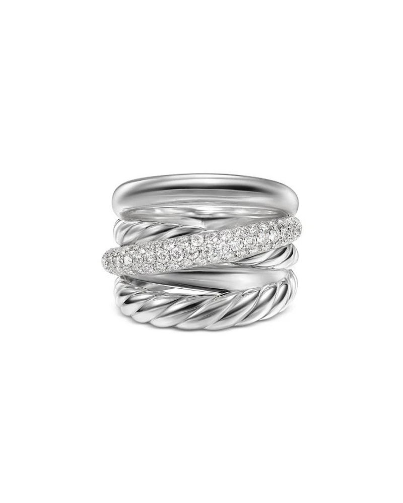 Crossover Five Row Ring Sterling Silver with Diamonds, 17.5mm