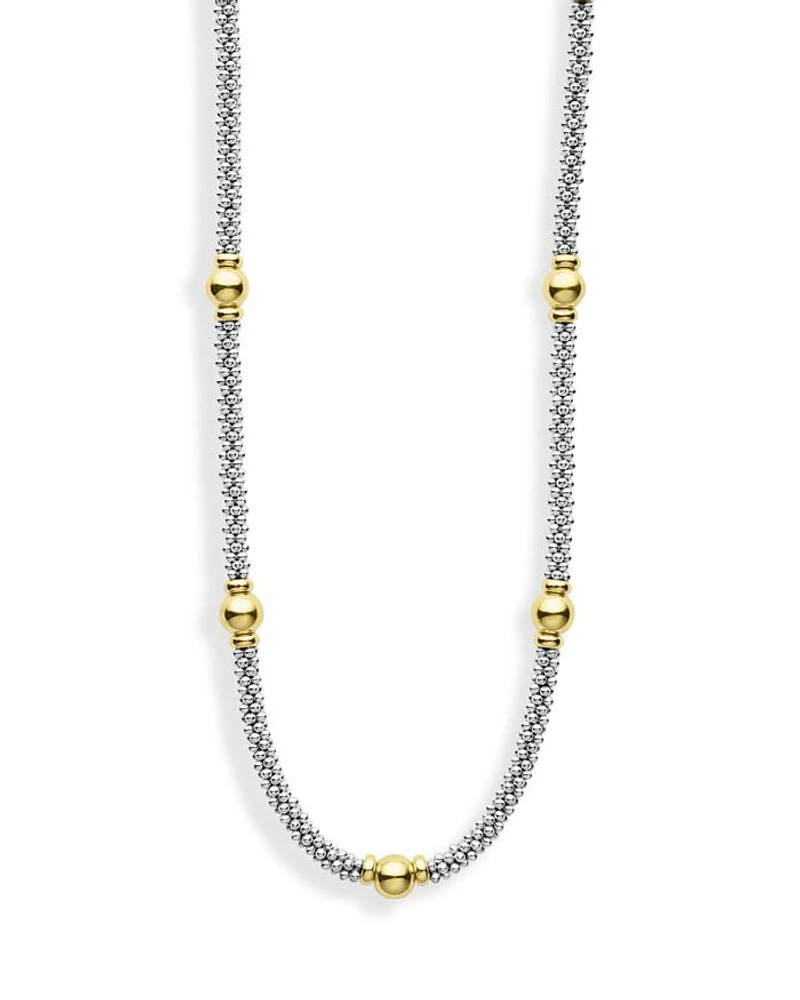 18K Yellow Gold & Sterling Silver Signature Caviar Two Tone Station Necklace, 18"