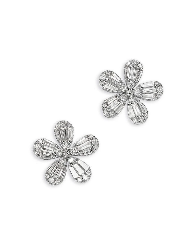 Diamond Flower Stud Earrings in 18K White Gold, 1.51 tcw