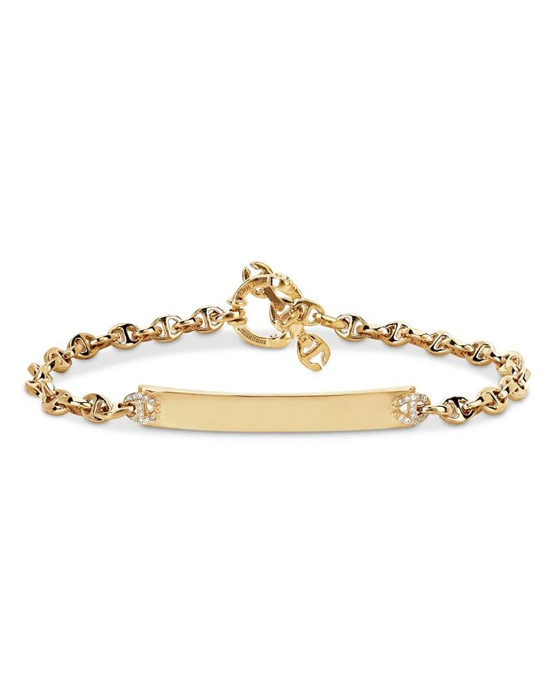 18K Yellow Gold Open Link Monogram Plate Bracelet with Diamonds, 0.16 tcw
