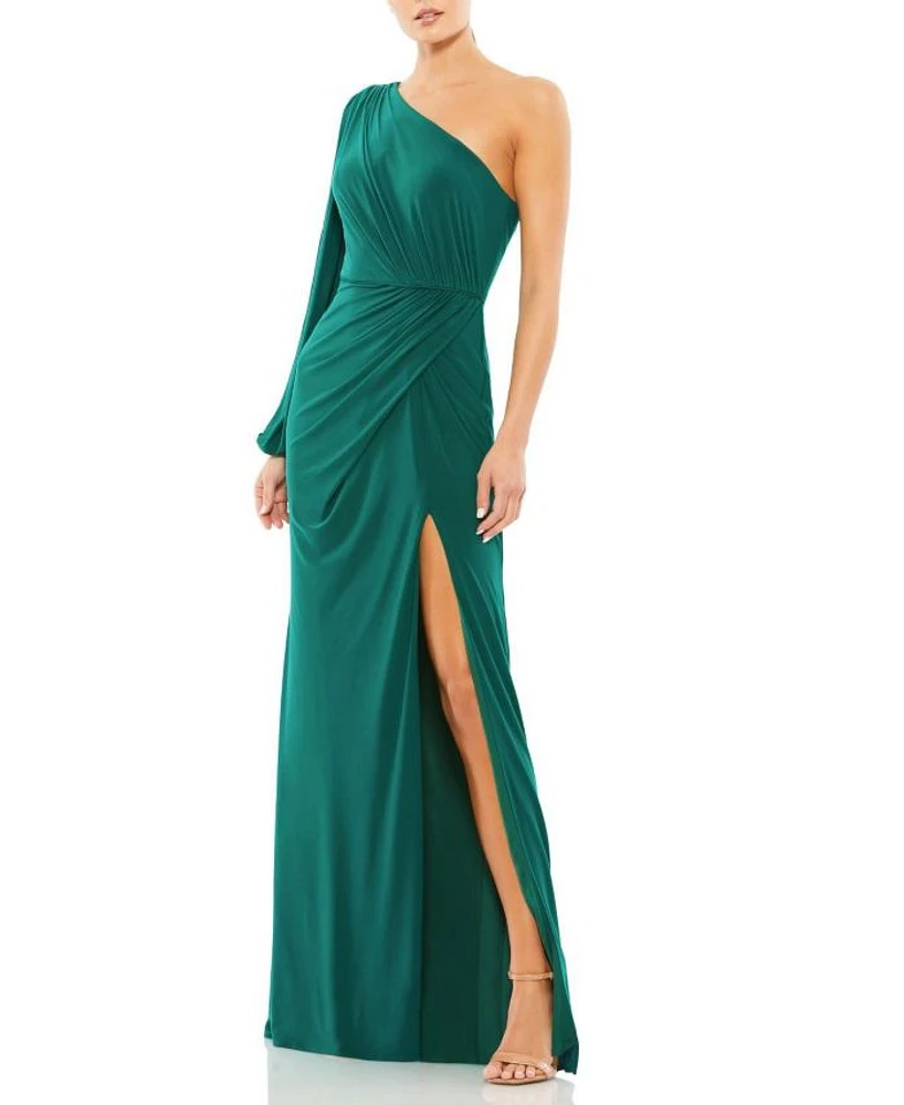 One Shoulder Puff Sleeve Faux Wrap Gown