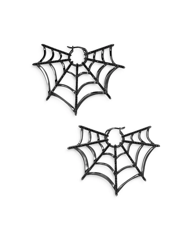 Haunt Couture Black Pavé Web Hoop Earrings in Ruthenium Plated