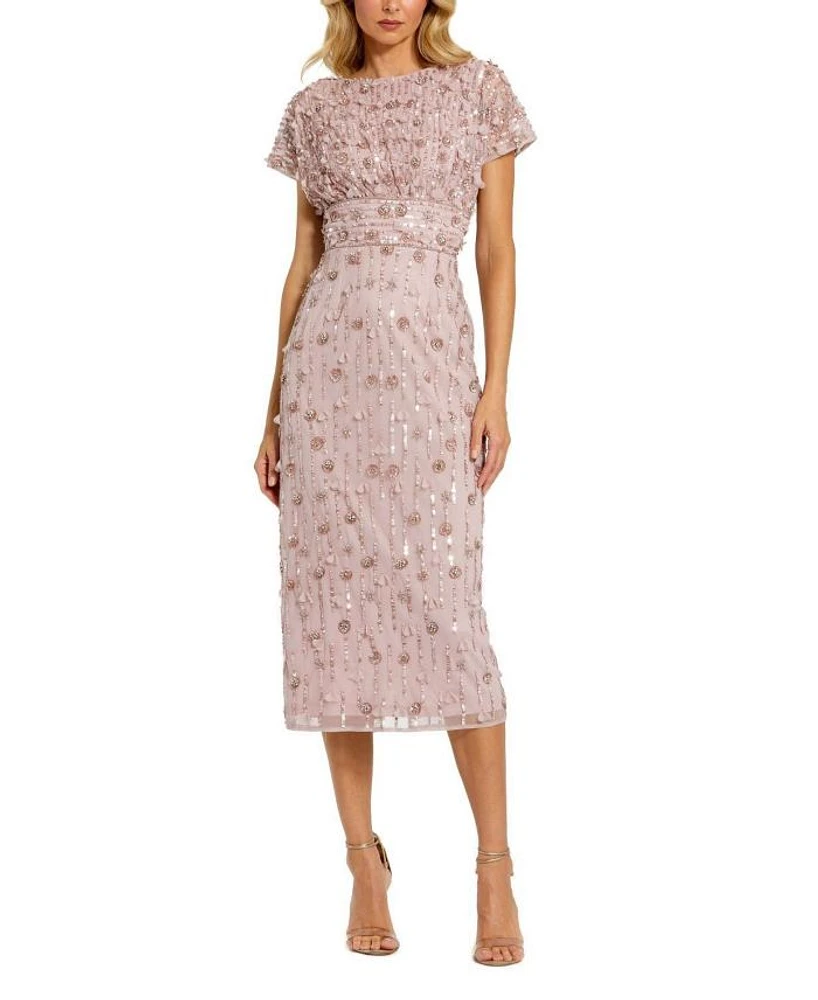 Cap Sleeve Column Midi Dress With Floral Beading