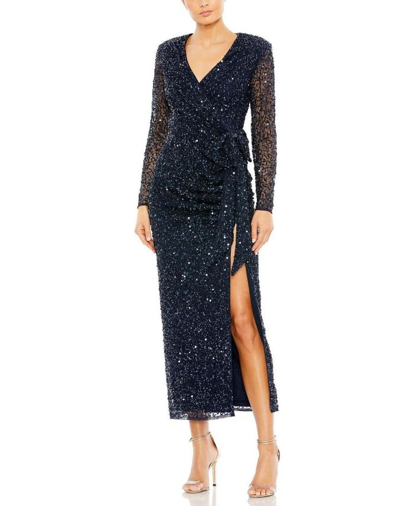 Long Sleeve V-Neck Sequin Dress