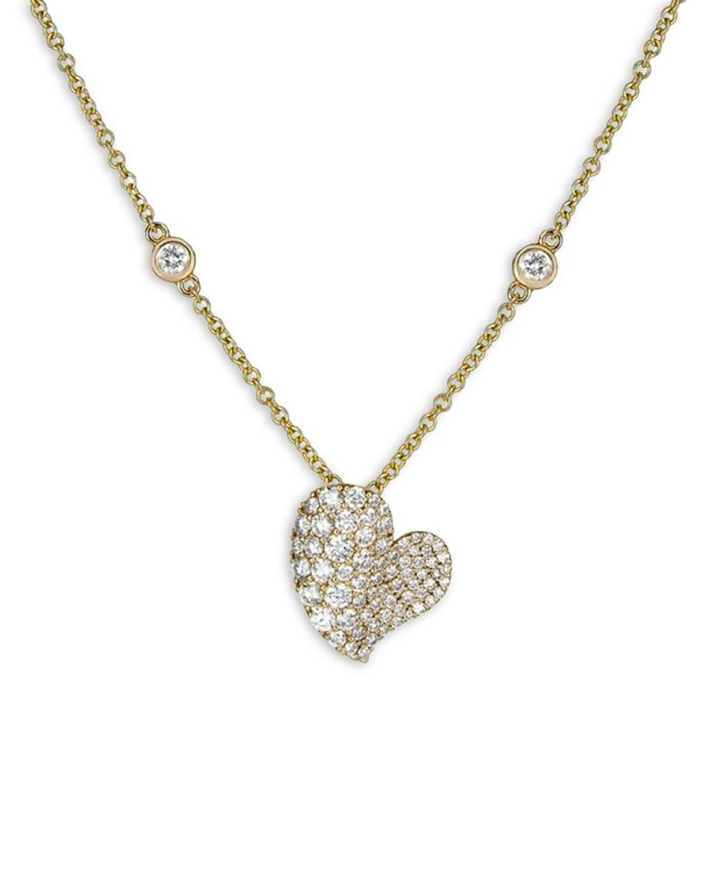 18K Yellow Gold Small Wave Heart Necklace with Diamonds, 1.43 tcw