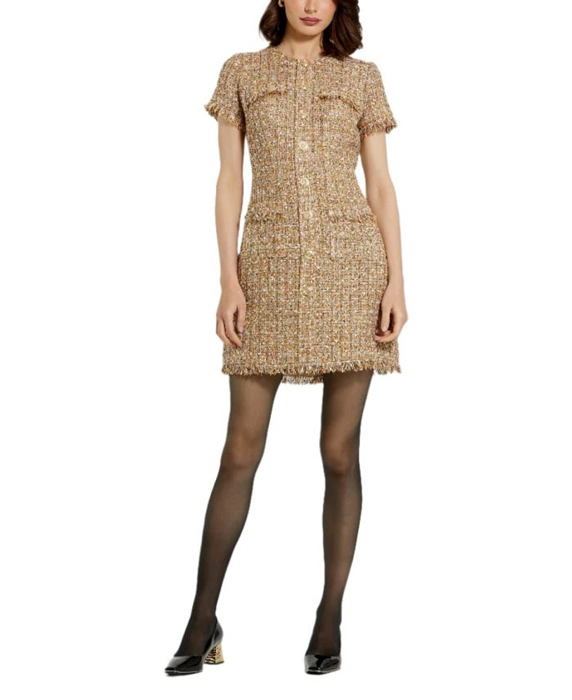 Boucle Short Sleeve Mini Dress With Pockets