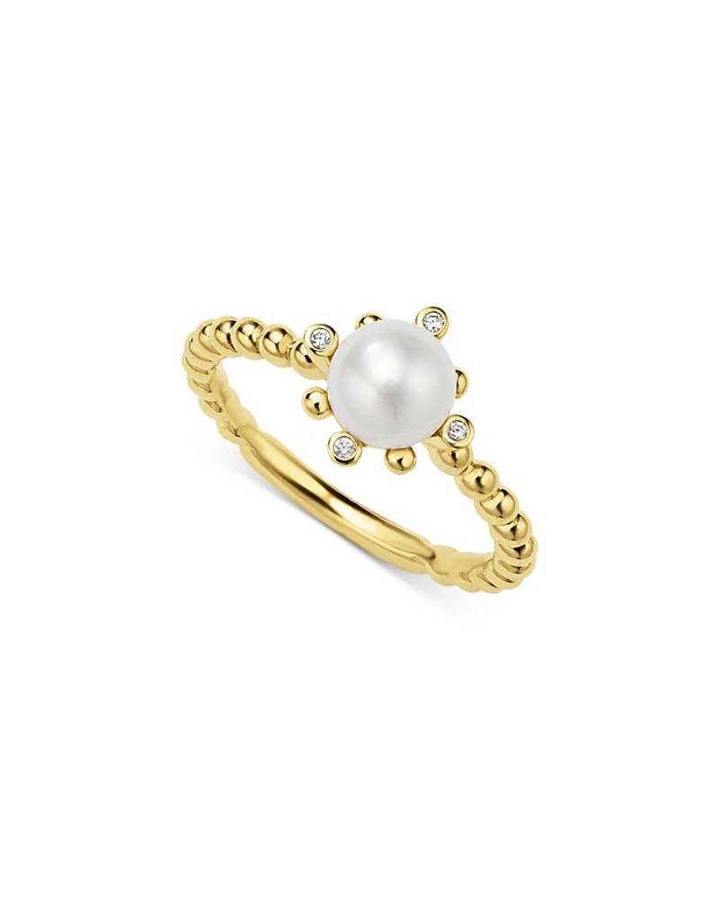 18K Yellow Gold Luna Cultured Pearl & Diamond Fleur Ring