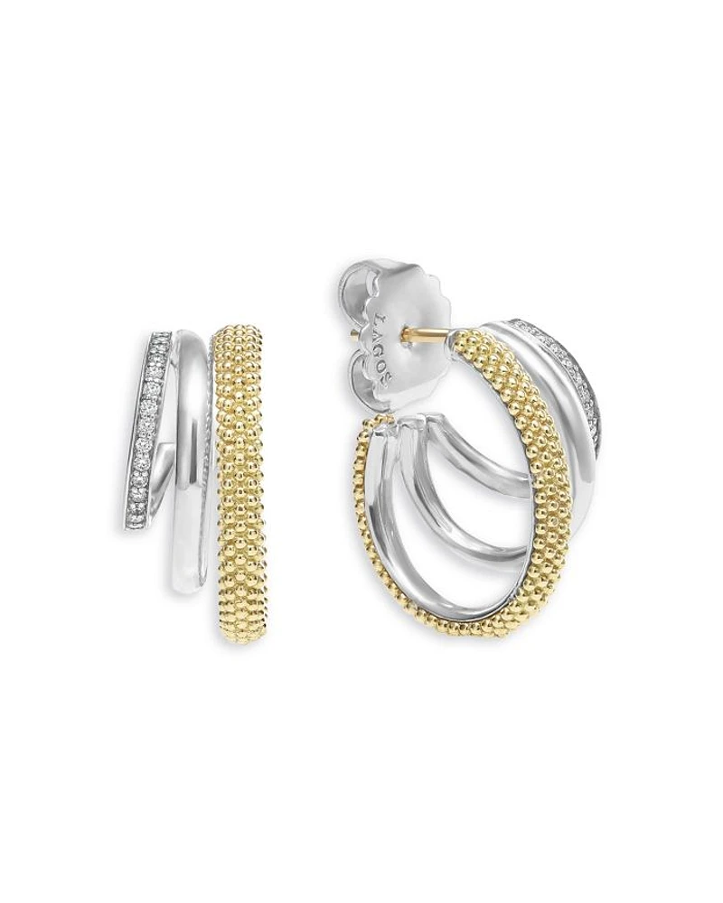 Two Tone Caviar Lux Three Ring Diamond Hoop Earrings, 0.16 tcw