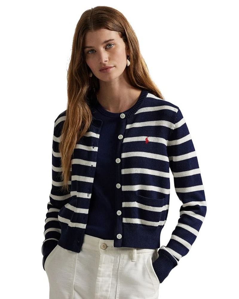 Striped Cotton Crewneck Cardigan