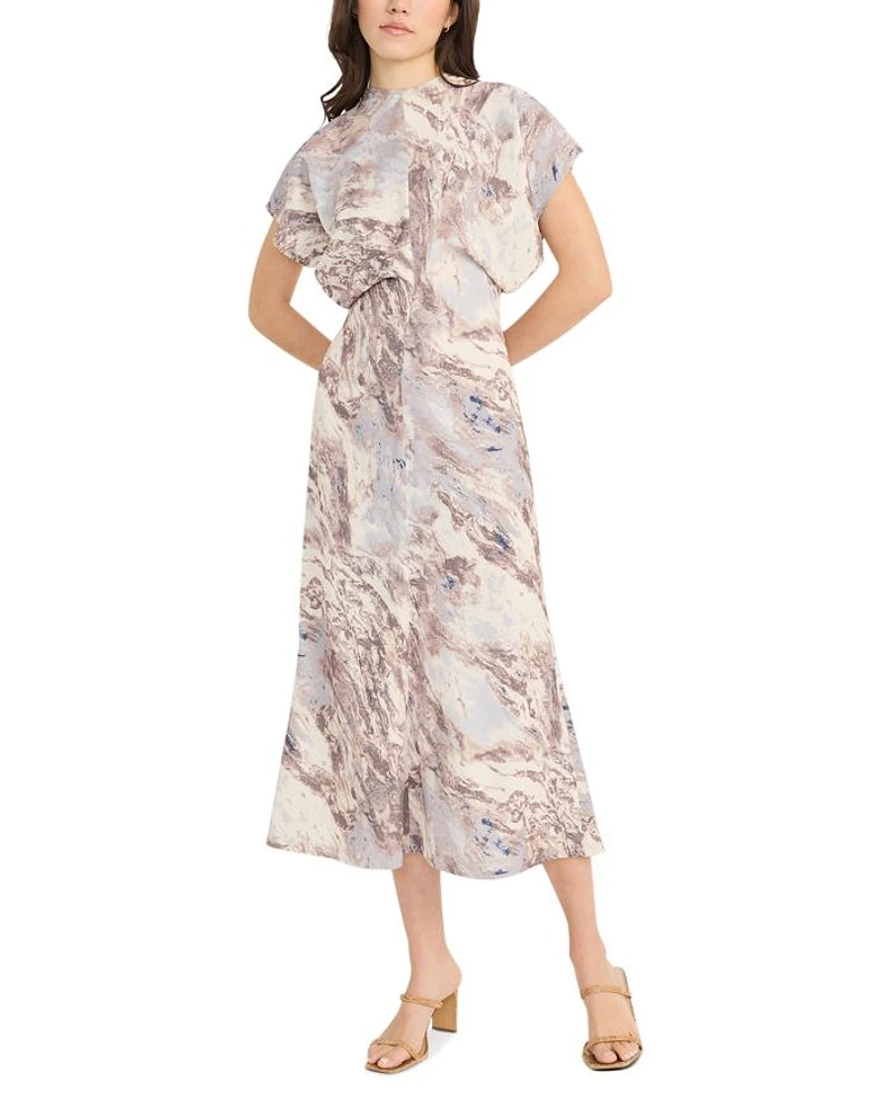 Printed Short Sleeve Gathered Midi Dress