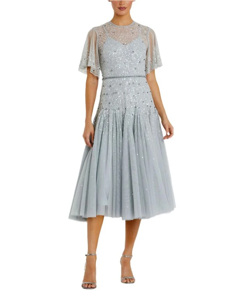 Cape Sleeve Beaded Tea Length A-line Dress