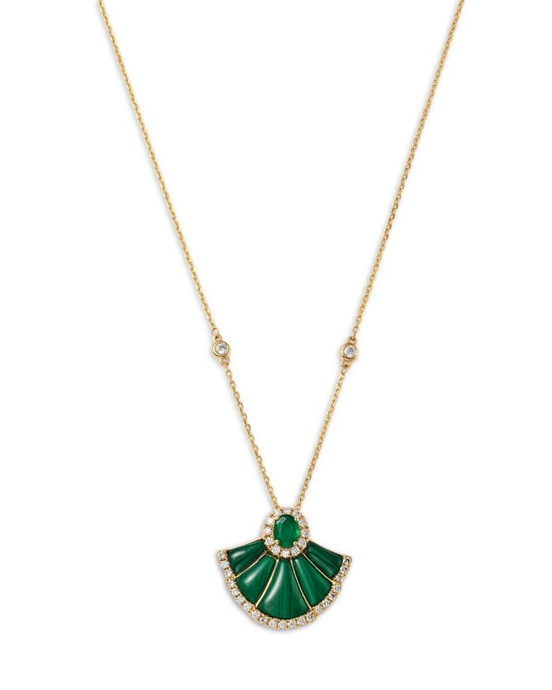Emerald, Malachite & Diamond Pendant Necklace in 14K Yellow Gold, 18"