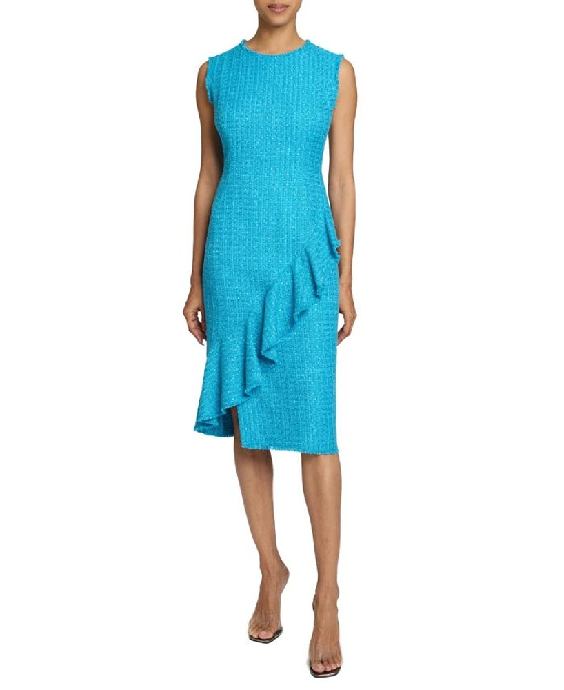 CAMI Sleeveless Luxury Tweed Sheath Dress with Skirt Ruffle